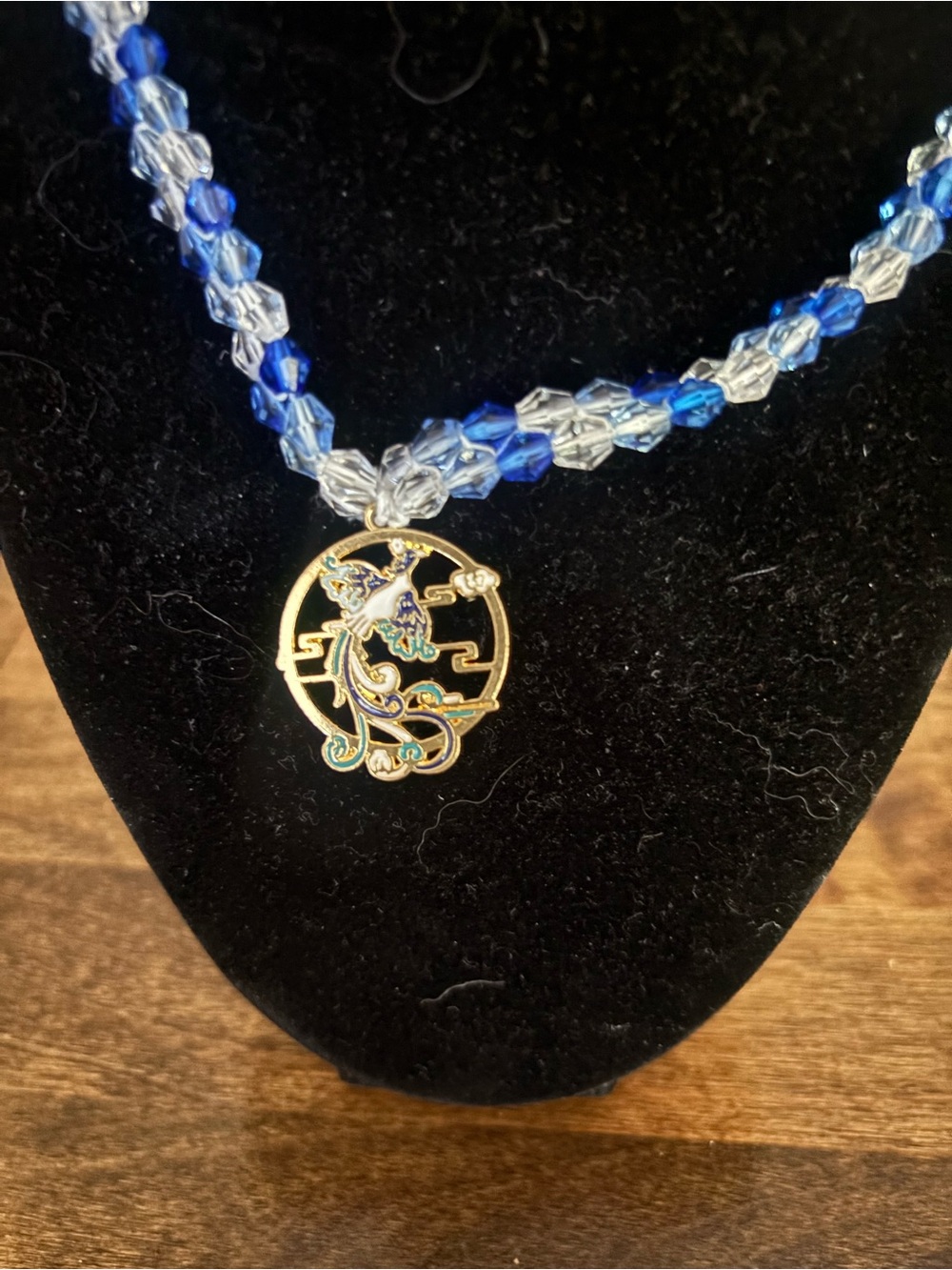 Blue Crystal Bead Necklace with Gold Enamel Phoenix Pendant